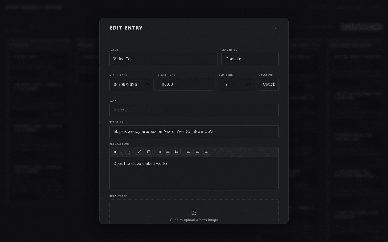 Bottom of the Edit Entry modal showing the hero image uploader, submitter contact info, section dropdown, and Save Changes, Archive Entry, and Close buttons