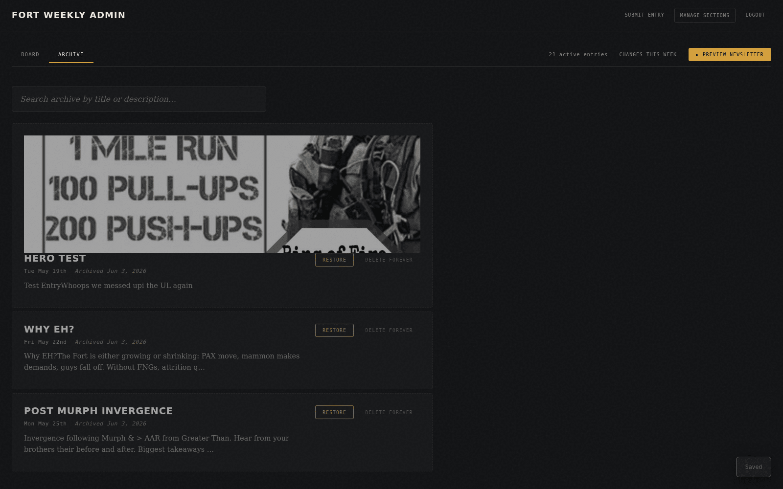 Archive tab showing archived entries with title, archive date, excerpt, and Restore / Delete Forever buttons