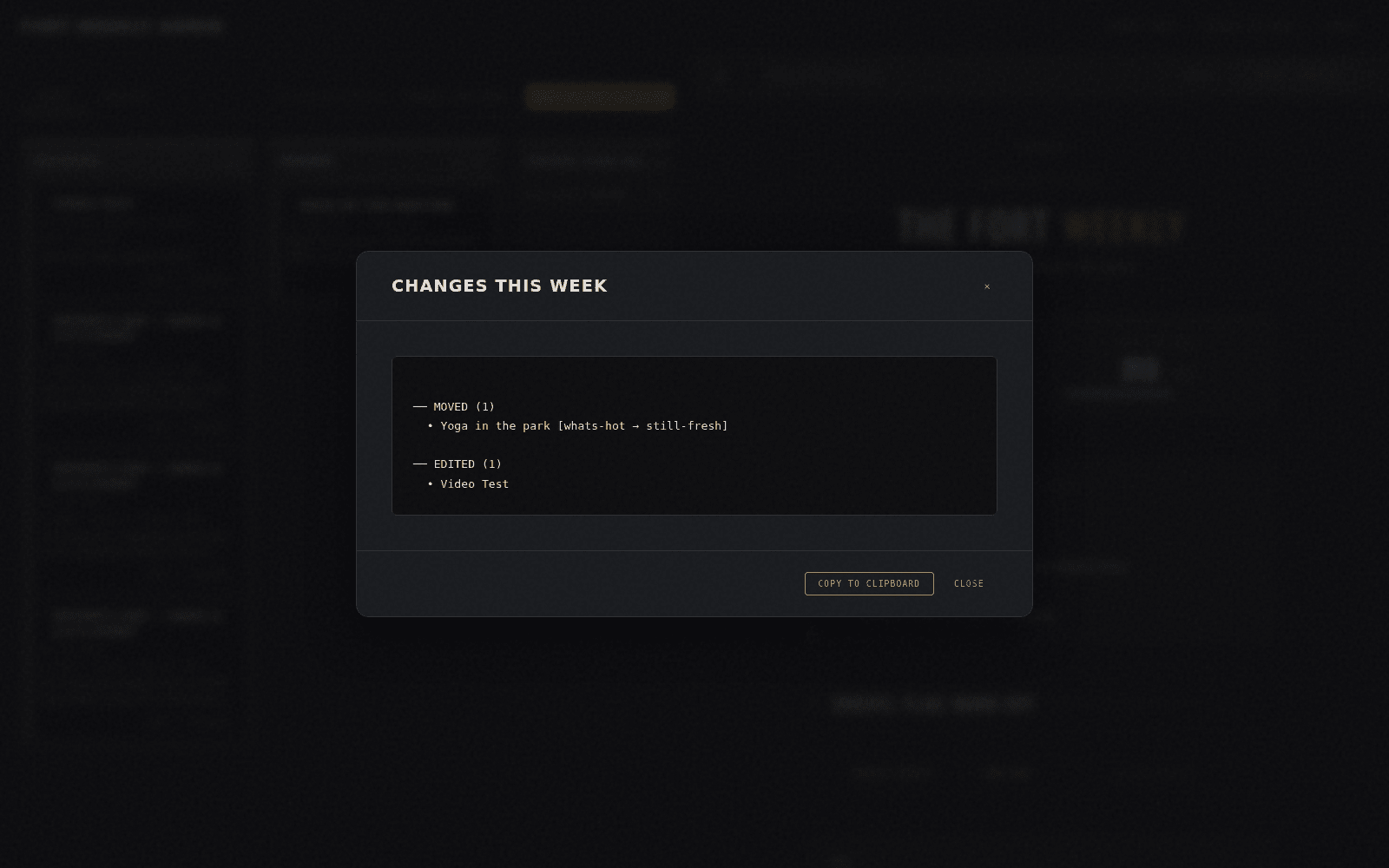 Changes This Week modal listing entries that were moved and edited, with a Copy to Clipboard button